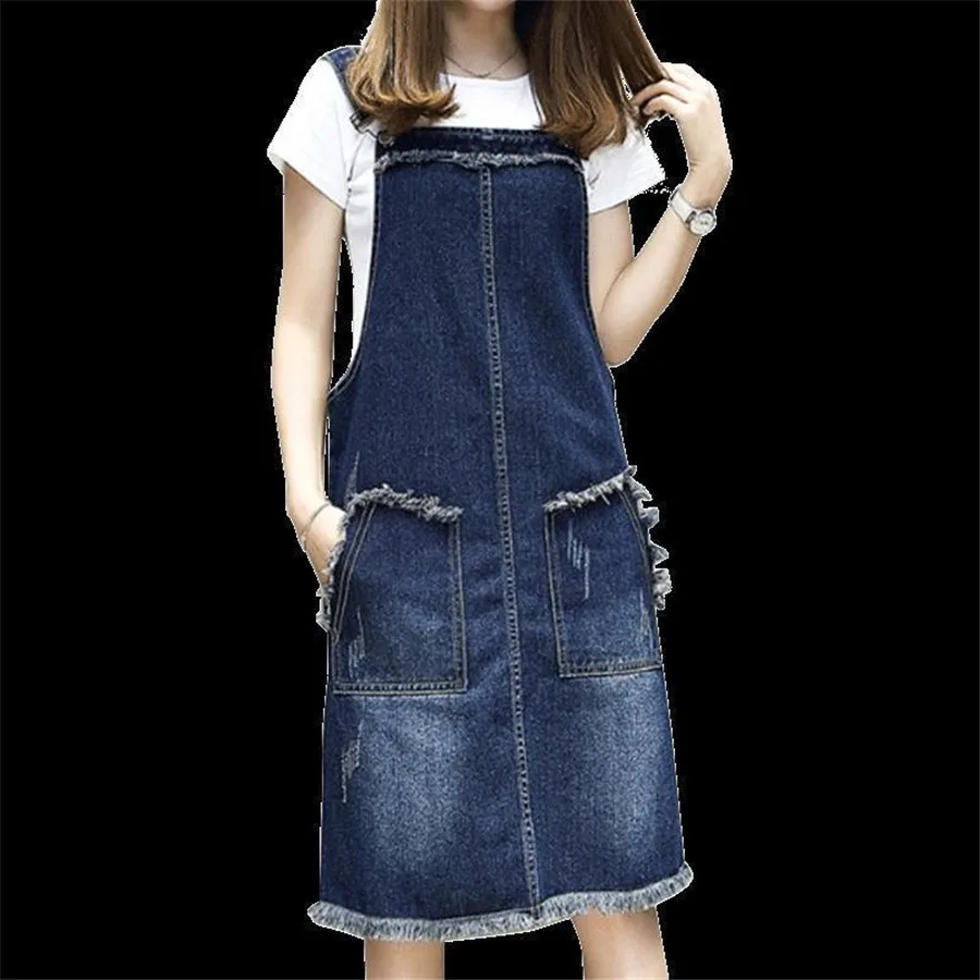 Женское джинсовое платье на подтяжках весна-лето винтажное свободное сарафан с