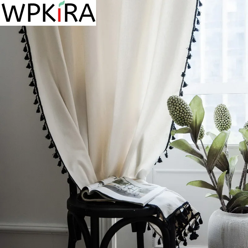 Японские белые хлопковые льняные полузатемняющие шторы с бахромой для гостиной