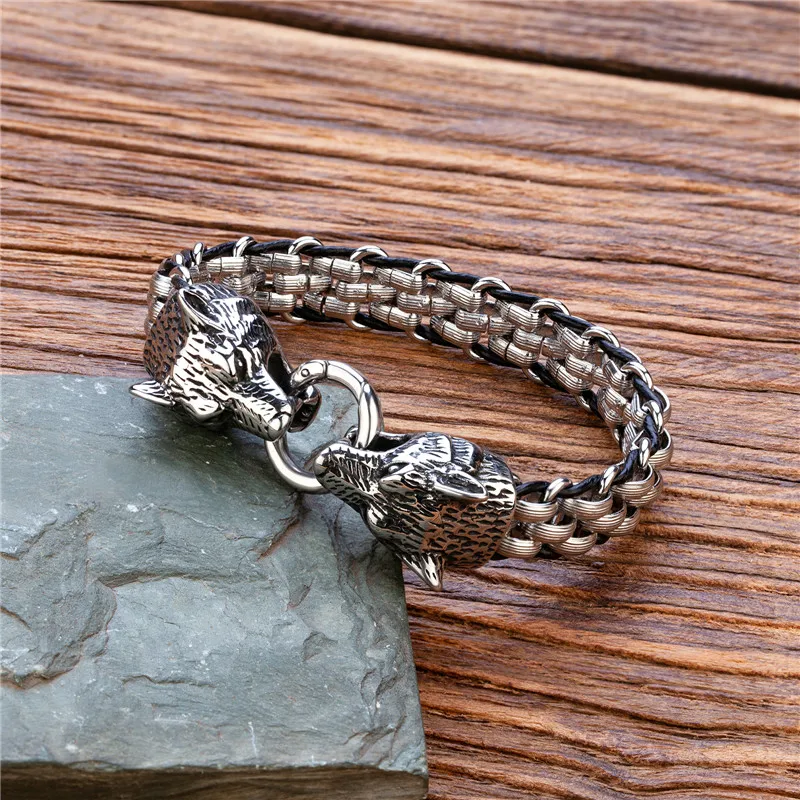 

High Quality Men's Pure Stainless Steel Bracelet Double Wolf Head Dragon Head Bracelet Retro Punk Style Titanium Steel Bracelets