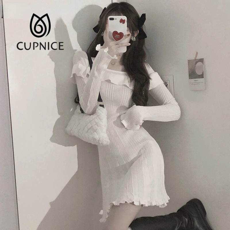 

Женский трикотажный свитер-трапеция CUPNICE, однотонное милое платье-свитер с оборками и квадратным вырезом, с длинным рукавом, на осень, 2021