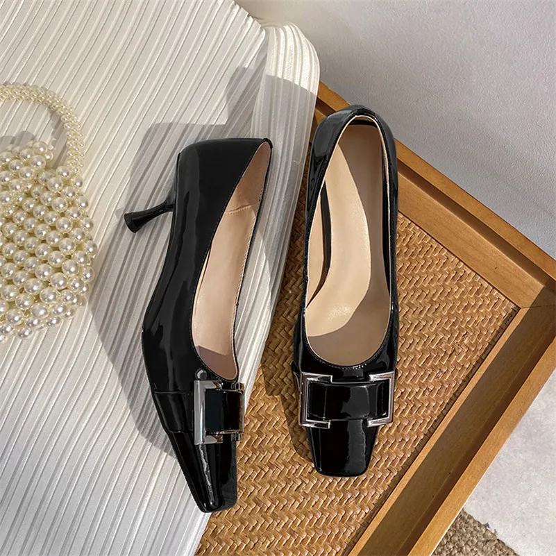 

ANNYMOLI High Heels Square Toe Women Shoes Genuine Leather Stiletto Heel Pumps Buckle Female Footwear Spring Black Plus Size 40