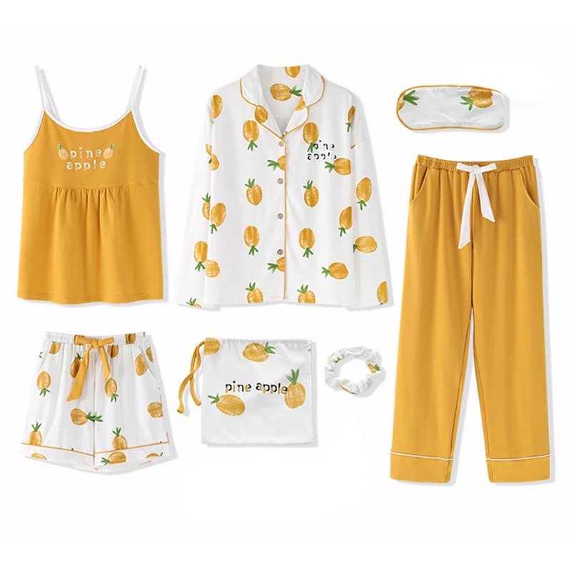 2020 100% Cotton Womens Pajamas Sets 7 Pieces Set Casual Sleepwear spring Autumn Winter Long Sleeve Cute Home Clothes women