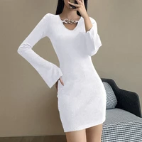 femotwin sexy knitted sweater dress for women casual chain solid bodycon dress autumn flare sleeve slim winter mini dress 2021