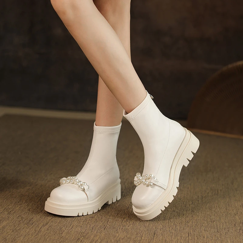 

New Pearl String Bead Women Ankle Boots Genuine Leather Stretch Boots Casual Thick Heels Shoes Woman 2021 Autumn Winter