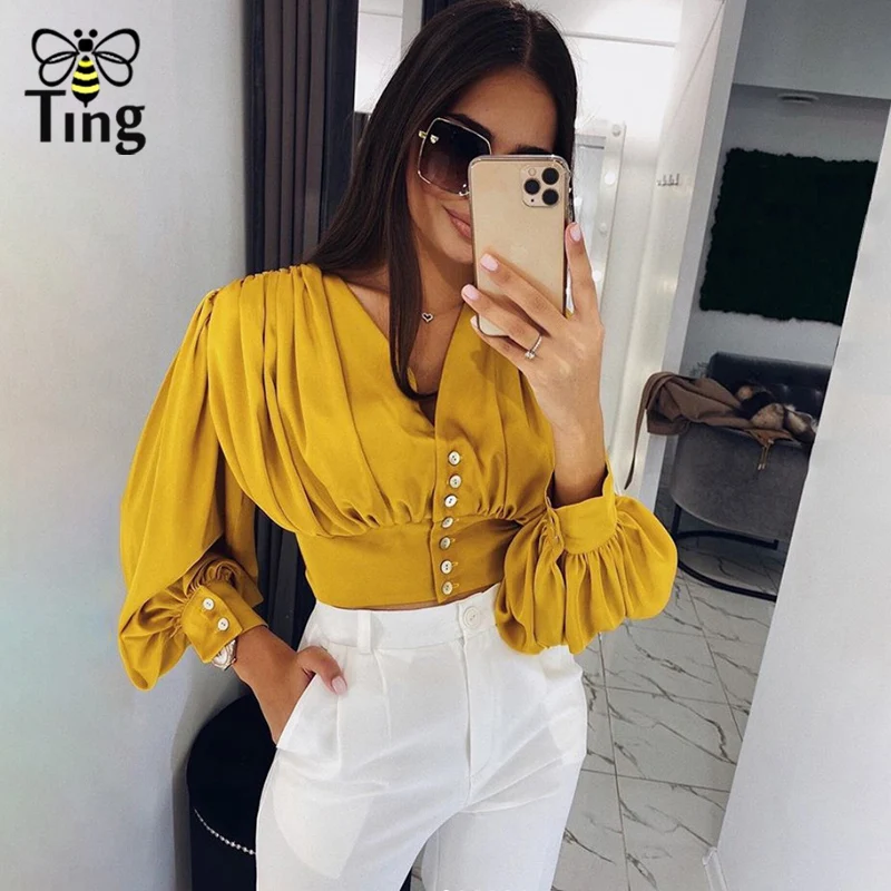 Tingfly Elegant Lantern Long sleeve Casual Blouse Women Sexy female Crop Top Lady Holiday Chic V neck blouse ZA women Clothes |