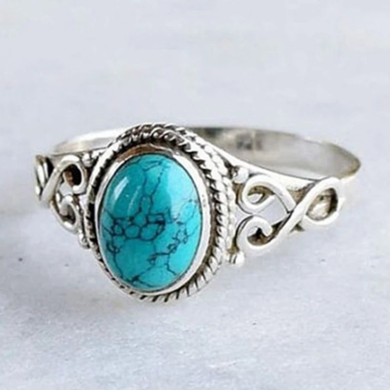 

Women Elegant Retro Silver Color Turquoises Rings Party Jewelry Gift