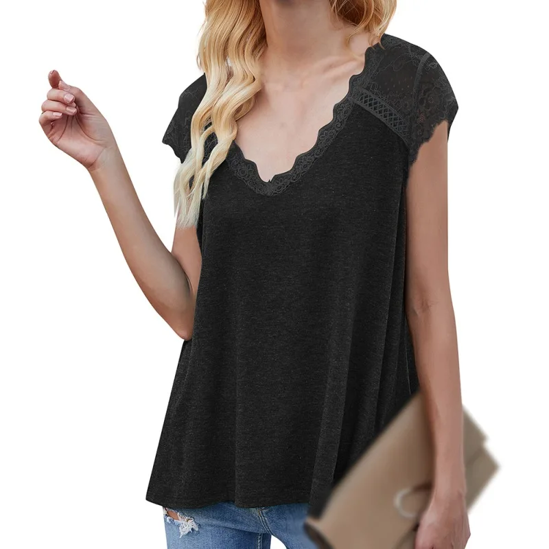 

Women T-shirt Summer Lace Short Sleeve Shirts Casual Loose Tops Tees Femme Office Ladies Shirts Clothing
