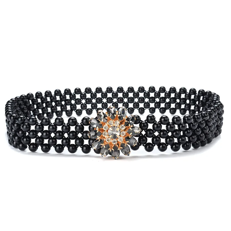 Женский пояс с цветочной пряжкой инкрустированный стразами черный эластичный