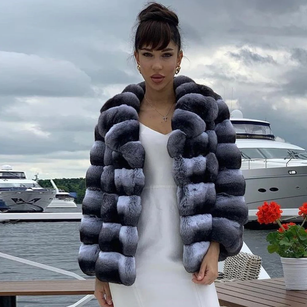 2022 New Natural Rex Rabbit Fur Coat for Women Fashion Winter Whole Skin Genuine Rex Rabbit Fur Jacket Chinchilla Color Outwear