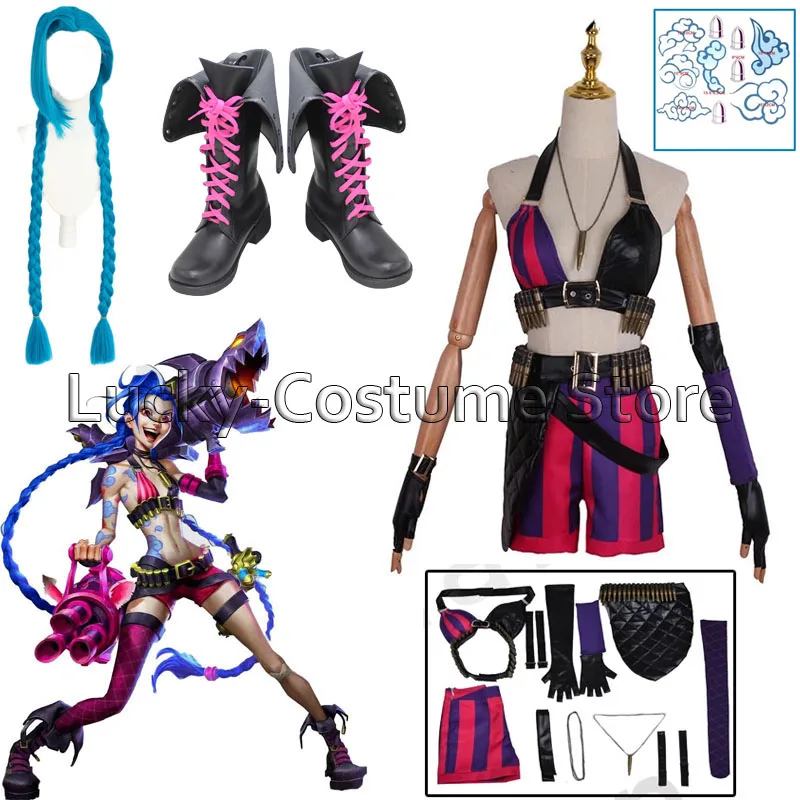 

Game LOL Arcane Crit Loli Jinx Cosplay Costume Jinx Original Skin Magical Uniforms Blue Wigs Hair For Women Girls Party Clothing