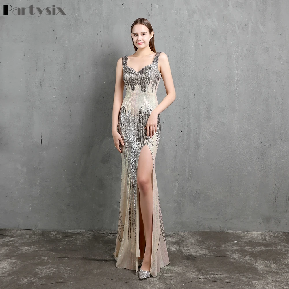 

Partysix Slit Sexy Sequins Evening Dress Womens V-neck Backless Beading Long Party Dress