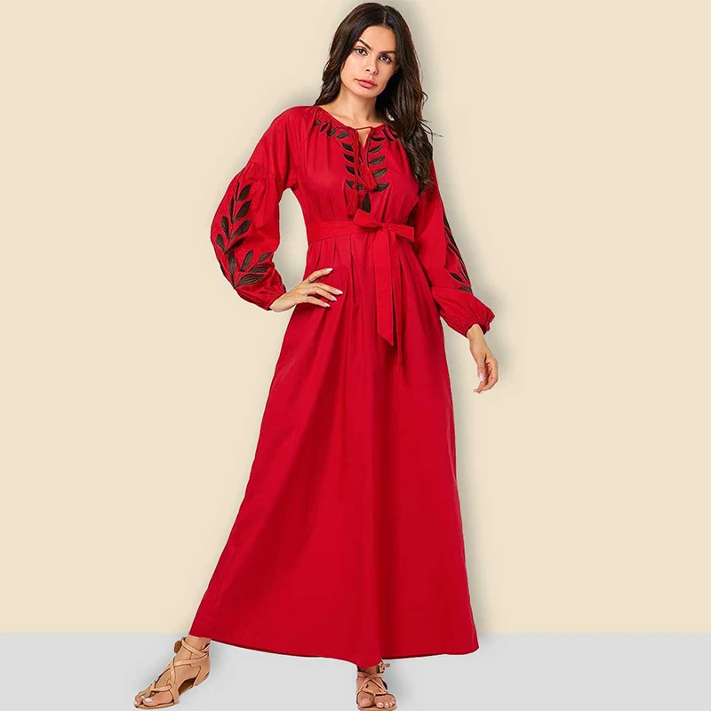 Мусульманская Мода размера плюс для женщин Дубай с вышивкой и буфами на рукавах