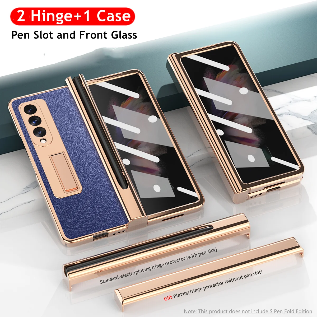 

Hinge Build in S Pen Holder Case For Samsung Galaxy Z Fold 3 5G Case Plating Litchi Leather Bracket Cover With Front Glass