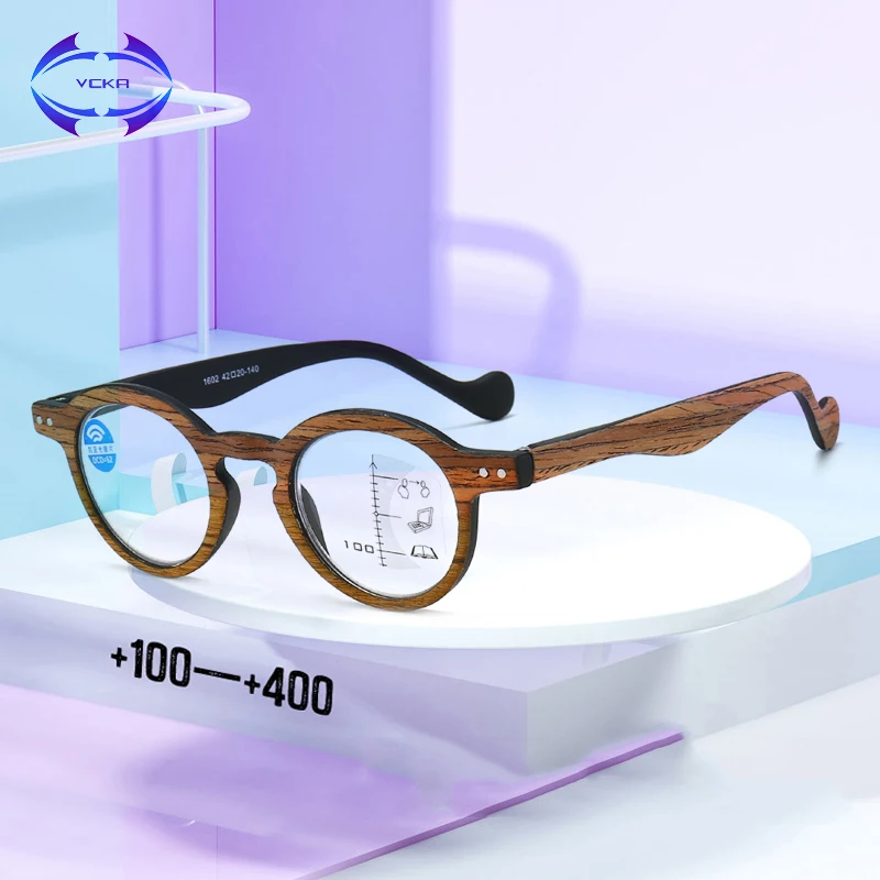 

VCKA Progressive multifocal Men Women Frameless Reading Glasses Anti-blue light Round Eyewear Wood grain Frame +1.00 to +3.50