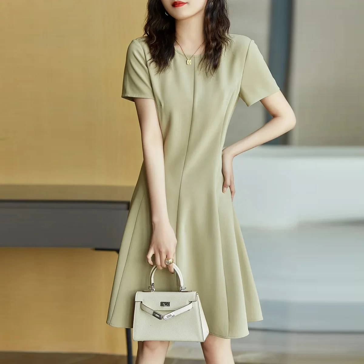

Women's draped silky triacetate short sleeve dress sexy dress women A-LINE Flounced edge Knee-Length O-Neck