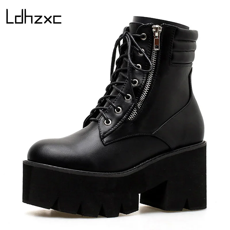 

LDHZXC Wholesale Autumn Ankle Boots For Women Motorcycle Boots Chunky Heels Casual Lacing Round Toe Platform Boots Shoes Female