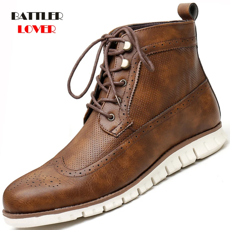 

Men Leather Casual Light Carving Block Shoes Retro Breathable Outdoor Fashion Sneakers for Male Walking Motor Shoes Size 39-47