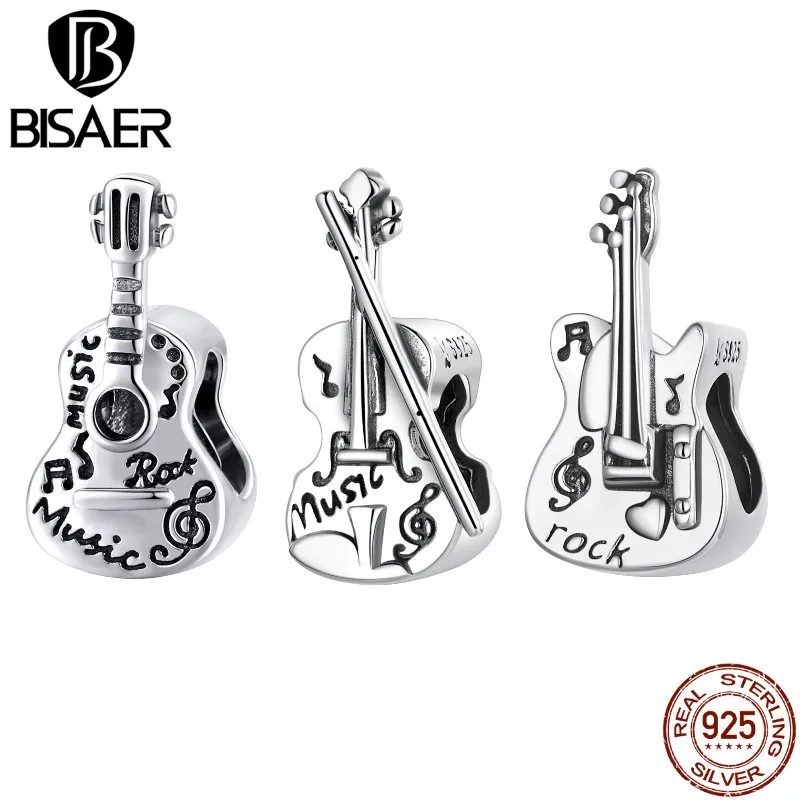 

BISAER 925 Sterling Silver Vintage Instrument Pendant Guitar Bass Violin Charms Fit Original Bracelet Silver 925 Jewelry ECC2076