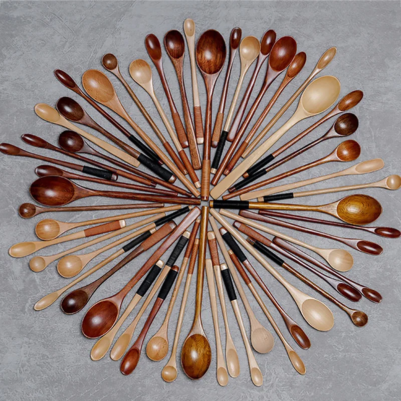 1pc Wooden Long Spoon Environmental Protection Natural Long Handle Round Spoon Cooking Mixing Spoon Kitchen Appliance