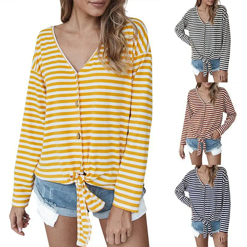 

Autumn Women Casual Striped T Shirts Female V-neck Long Sleeve Loose Basic T-shirt Women Clothing 2020