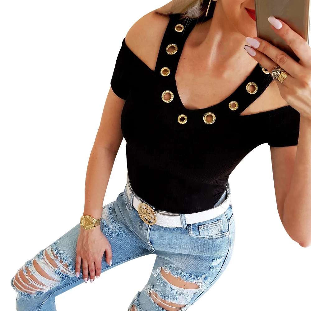 

Ladies T-Shirt Hollow Out V Neck Short Sleeve Tee Shirt Summer Female Sexy Eyelets Solid Color Tops Off Shoulder Women Tees D30