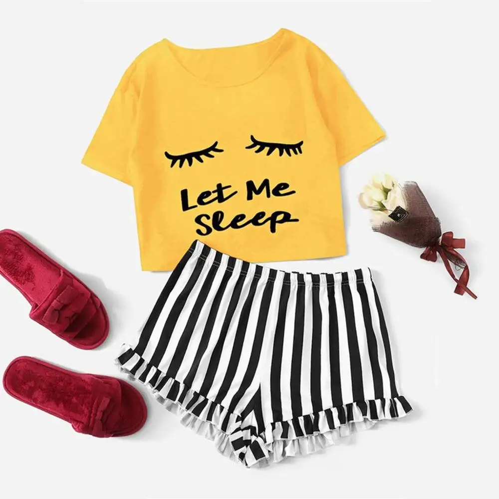 

2021 Women Cotton Pajamas Set Casual Sleepwear Female Short Sleeve T Shirt Tops Shorts Nightwear Women Clothing Pijama Mujer