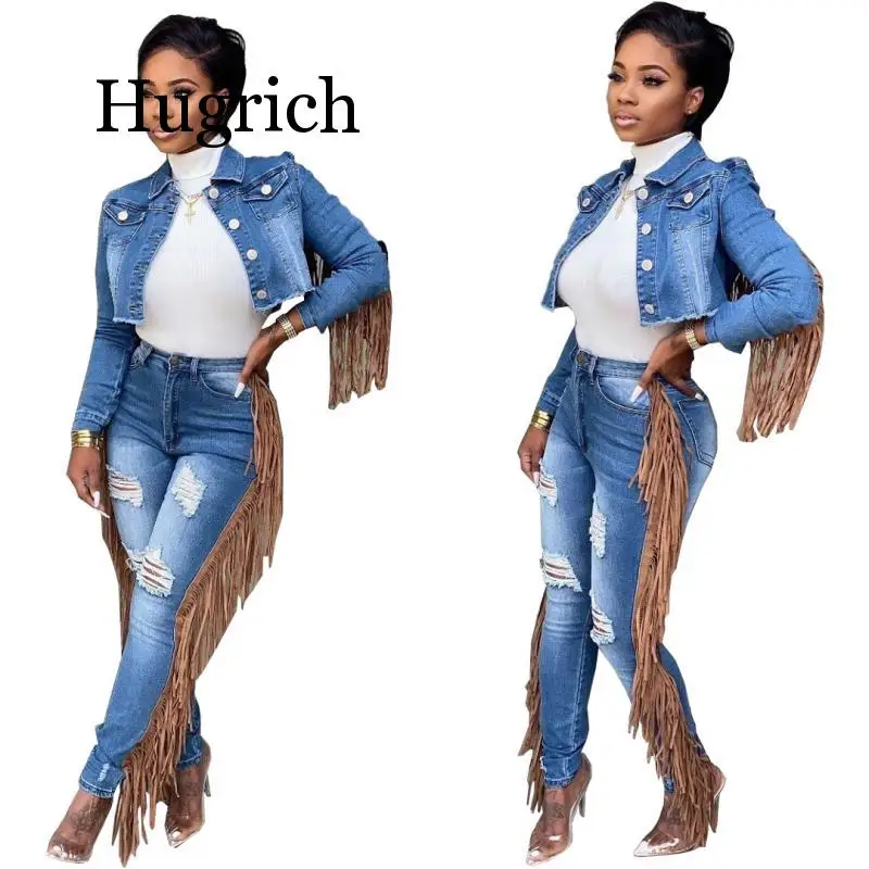 

2020 Winter Women sets Full Sleeve Crop Denim Coat Pants Suit Two Piece Set Casual Tracksuits Tassel Night Club Outfits
