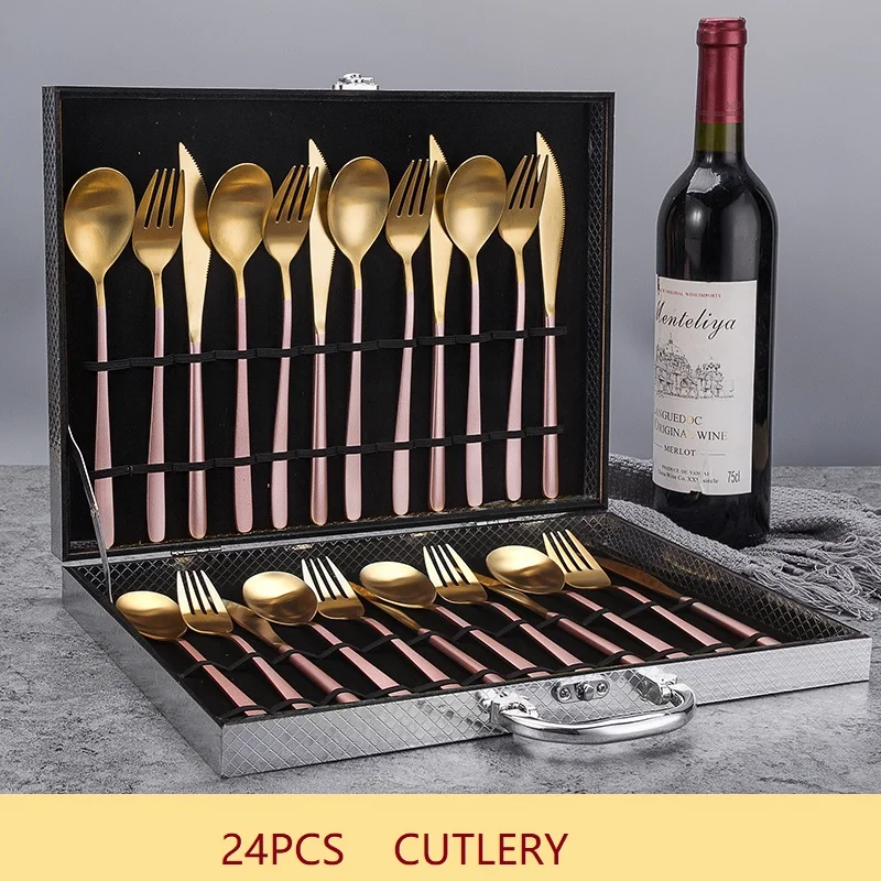 24 шт. нож для стейка и набор вилок столовые приборы Роскошная ложка из розового