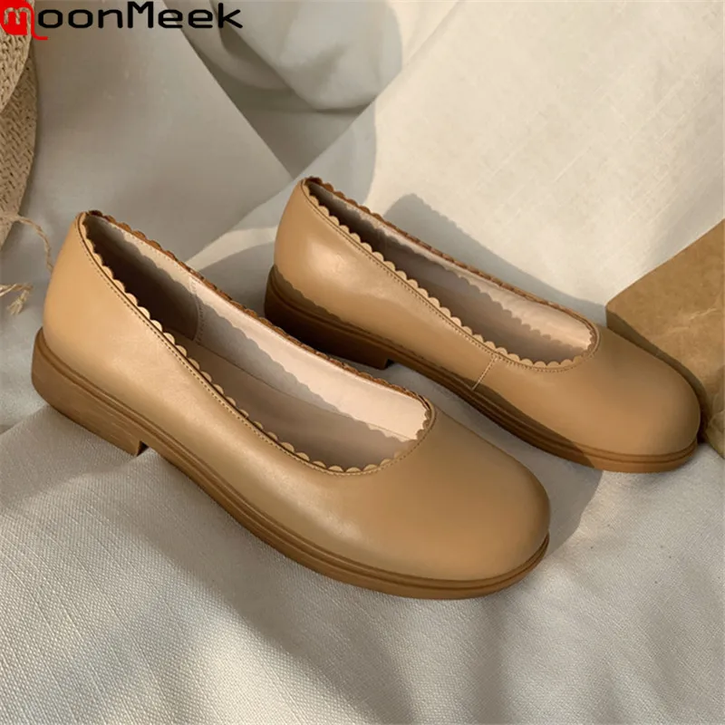 

MoonMeek 2021 New Arrival Women Pumps Genuine Leather Sweet Party Dress Shoes Summer Shallow Simple Ladies Shoes Black Apricot