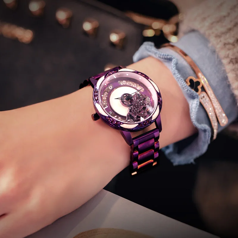 Часы наручные женские кварцевые с изображением животных из нержавеющей стали |