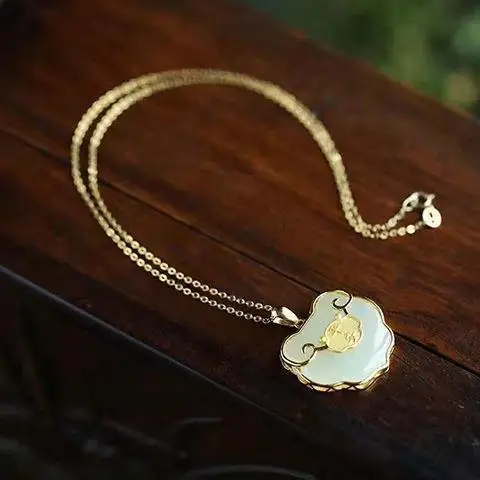 

Safety Lock Necklace Women's S925 Sterling Silver Hetian Jade Longevity Lock Gilding Craft Vintage Silver Pendant Female Birthda