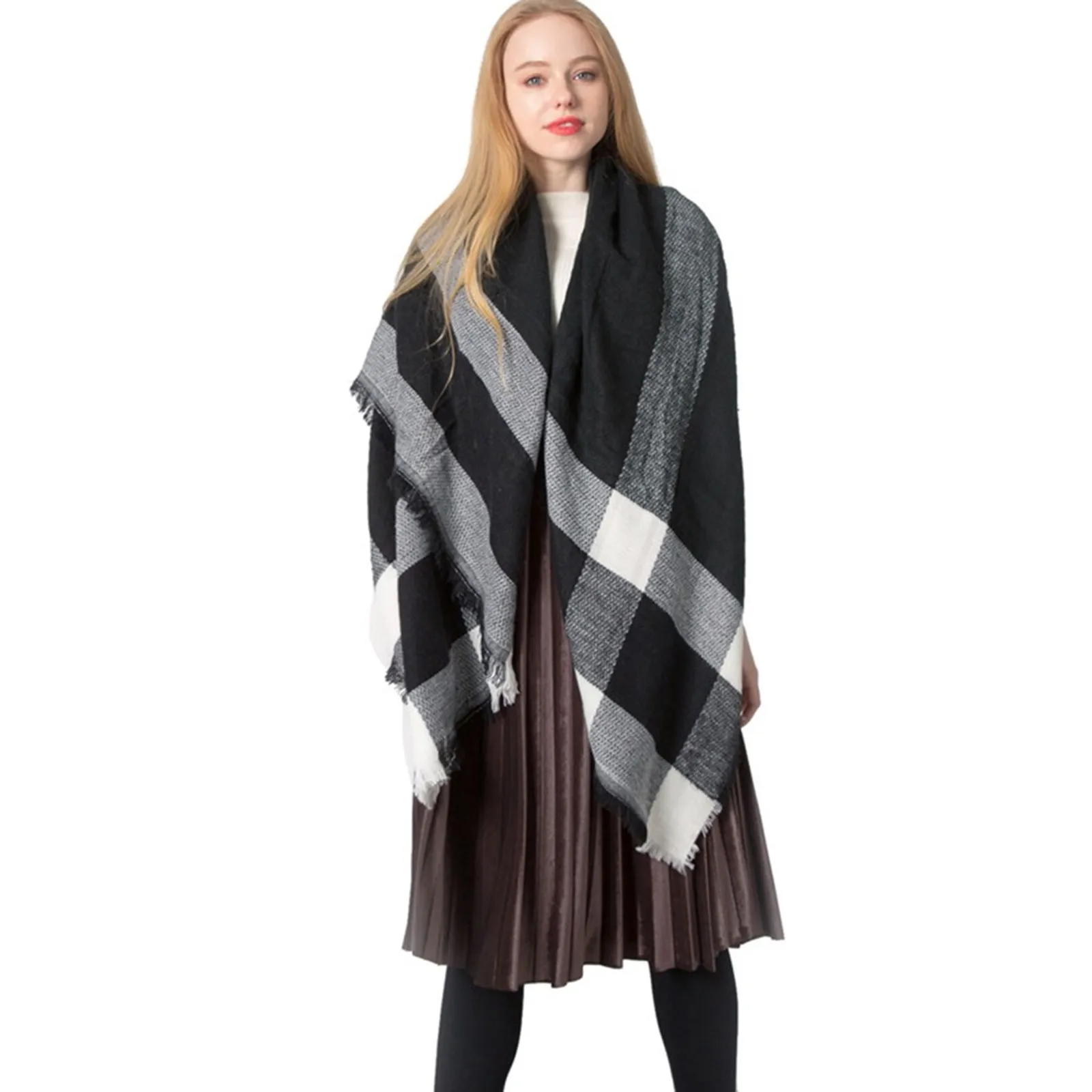 Клетчатые длинные вязаные шарфы с кисточками для женщин теплый зимний шарф