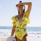 Цельный купальный костюм 2021, пикантная одежда для плавания на плечах с оборками, женский купальный костюм, купальный костюм с желтой завязкой, пляжная одежда, монокини для плавания