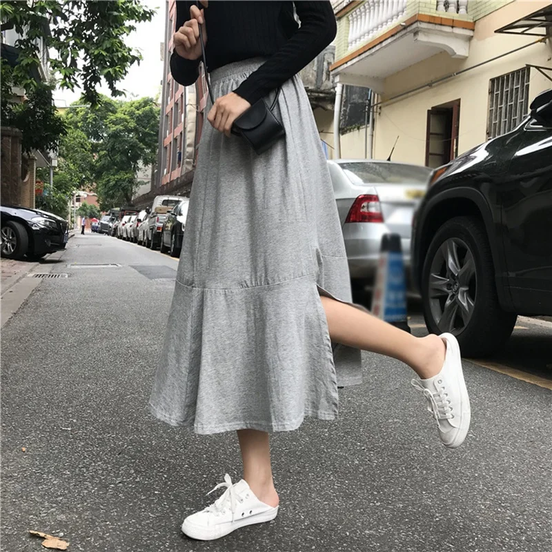 

Summer Skirt Elastic Waist Split Irregular Solid Color Mid Length Women Fishtail Skirt