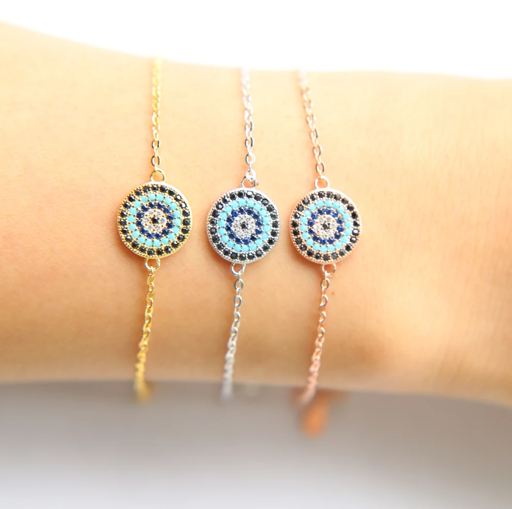 2022 Women turquoises bracelet real 925 sterling silver round turkish evil eye charm bracelet for women lucky eye chain jewelry