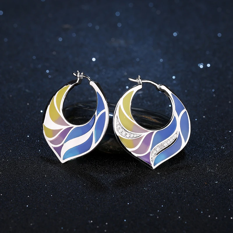 Женские серьги-кольца с разноцветным павлиньим пером серьги из стерлингового