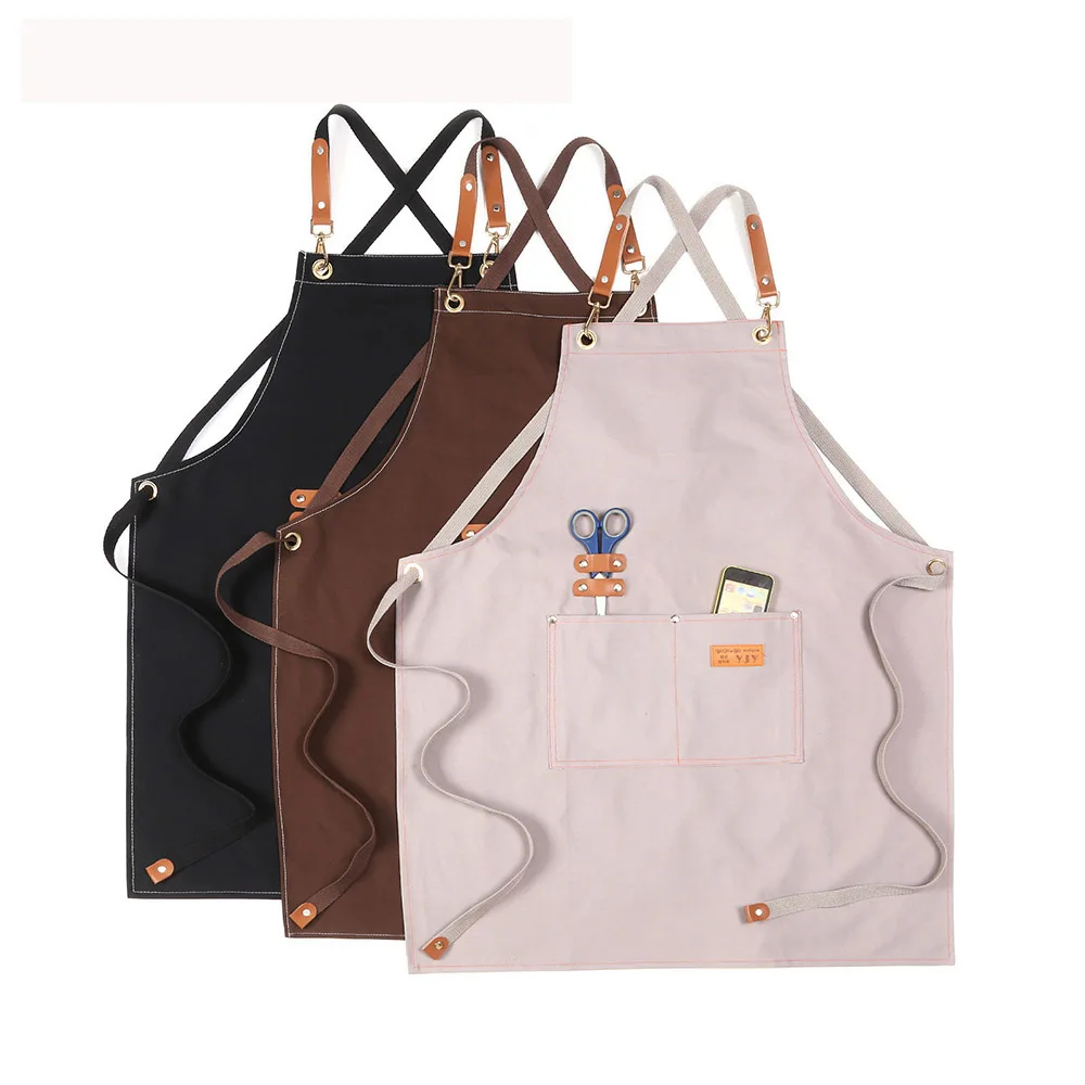 

2021 Kitchen Chef Canvas Aprons Multi Pocket Multipurpose Work Apron For Bar Restaurant Grill Cafe Barbecue Milk Tea Shop Garden