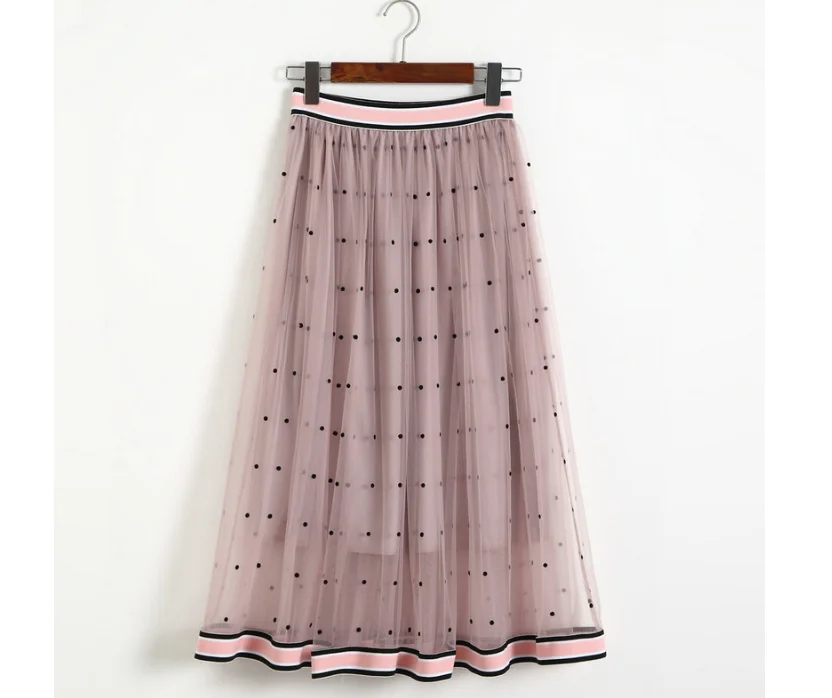 Skirt Women Fashion Spring Elegant Polka Dot Long Skirt Female High Waist Pleated Midi Skirt