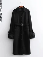 women 2021 fashion with belt wool blend fitted coat vintage long sleeve back vents female outerwear chic overcoat