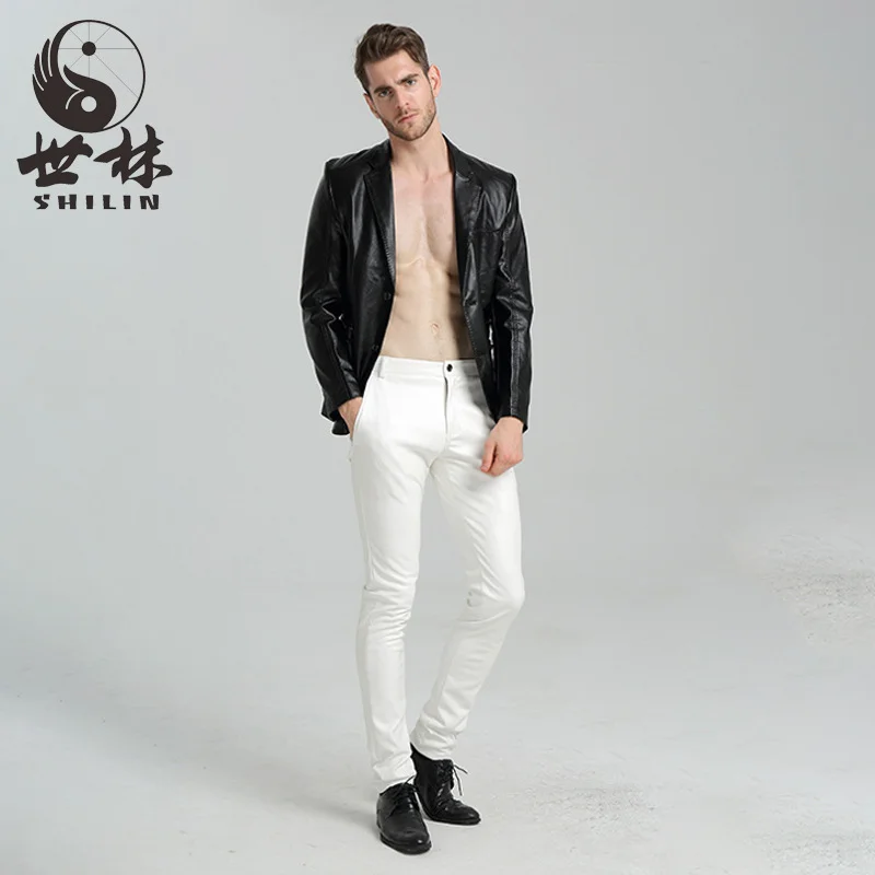 2020 New Spring Youth White Dance Slim Stretch Leather Pants Men Plus Velvet PU Trousers Streetwear Ropa De Hombre Hip Hop | Мужская