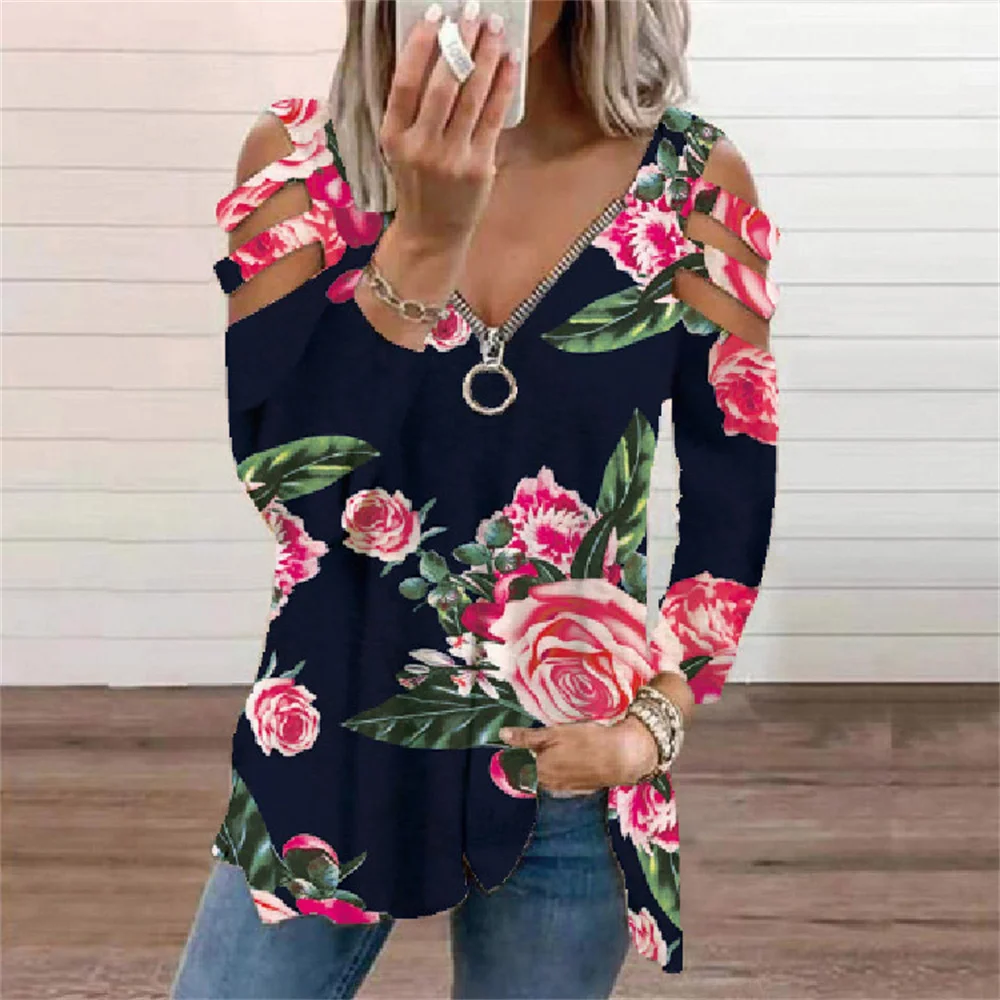 

Women Autumn T Shirts Zipper V Neck Hollow Out Long Sleeve Off Shoulder Floral Printed Pullover Fashion Loose Casual Street Tees