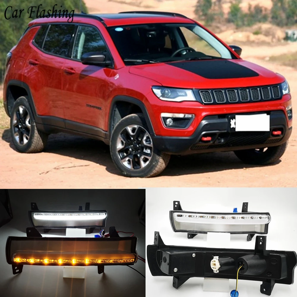 Дневные Бег светильник для Jeep Compass 2017 2018 2019 динамический желтый указатель