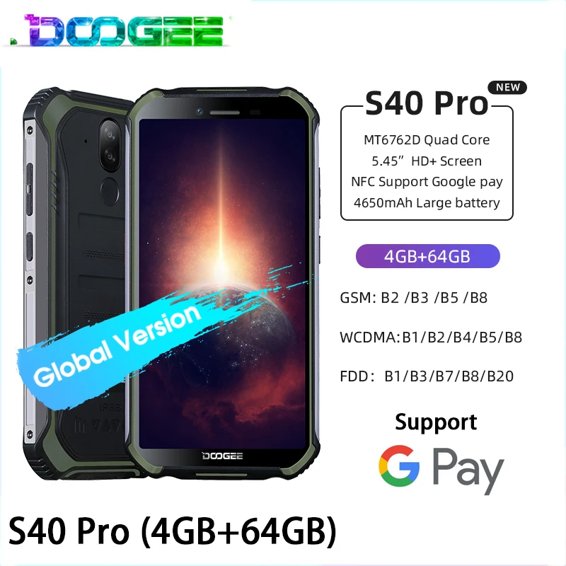 

DOOGEE S40 Pro Rugged Mobile Phone IP68/IP69K Waterproof 4GB RAM 64GB ROM Smartphones Helio A25 Octa-core Android 10 Cell phones