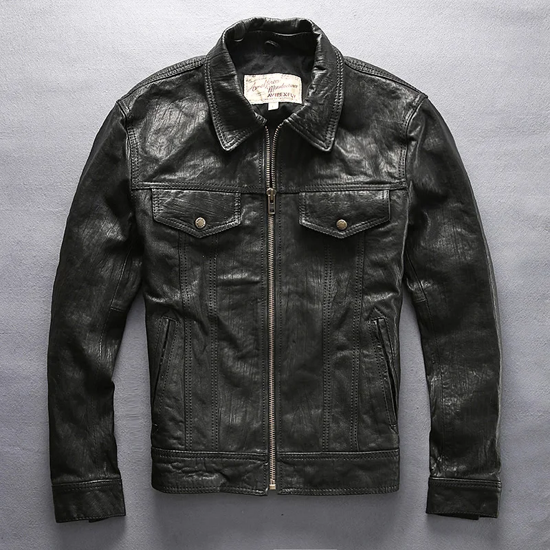 

men's Fold 2021 genuine leather jacket with pockets classic denim shirt style leather coat men autumn casual biker jacket male