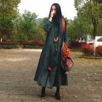 free shipping 2021 chinese style loose long maxi cotton and linen one piece dress winter and autumn thick dresses fleece inside