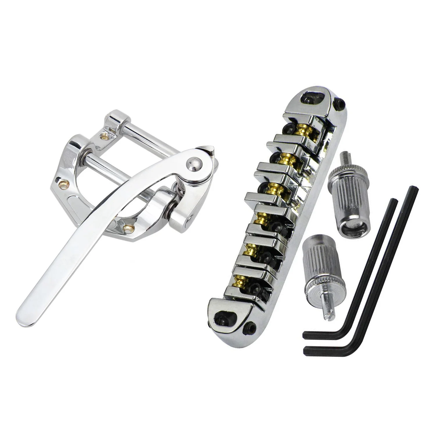 

2 Set Electric Guitar Parts: 1 Set Chrome Metal Plated Roller Saddle Tune-O-Matic Bridge & 1 Set Alloy Vibrato Tailpiece Tremolo