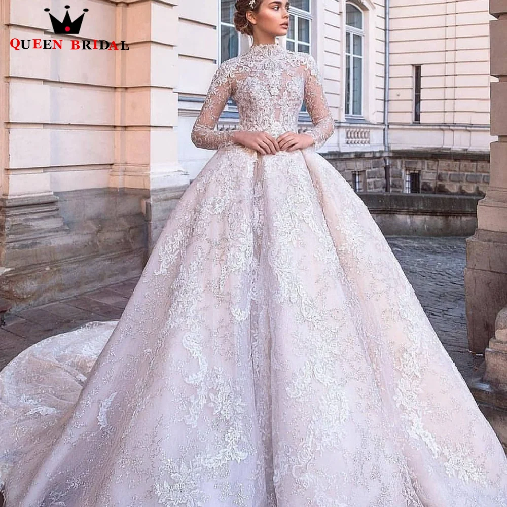 

Ball Gown High Neck Long Sleeve Wedding Dresses Tulle Lace Flowers Crystal Beaded 2022 New Vintage Bridal Gown Custom Made JT40