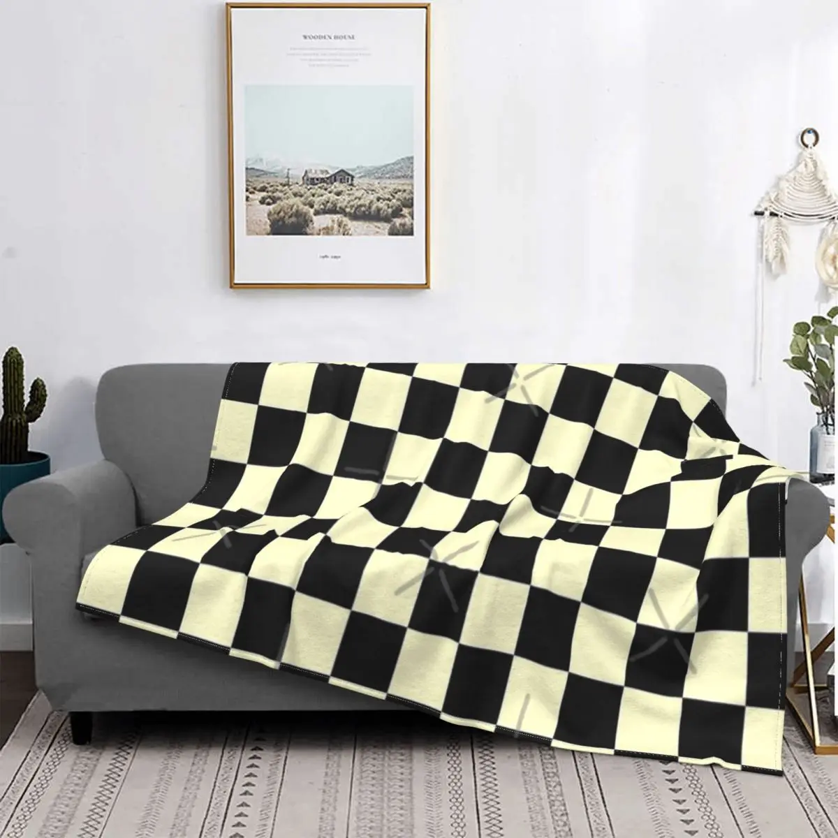 

Manta con estampado de cuadros en color negro y crema, colcha para cama, sofá de lino, manta de lana, toalla de playa de lujo