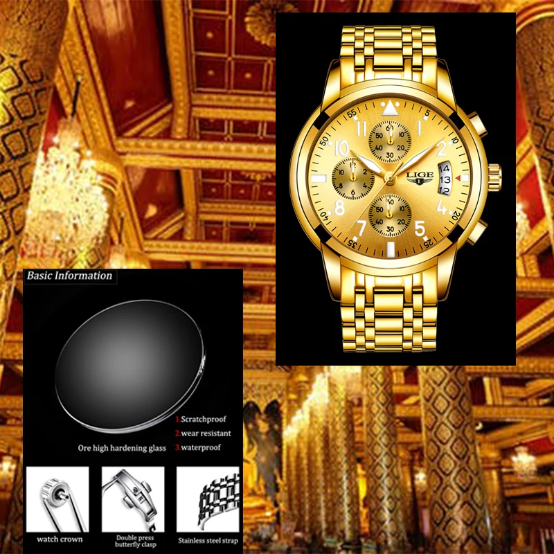 2019 LIGE мужские Топ люксовый бренд водонепроницаемые золотые часы с хронографом