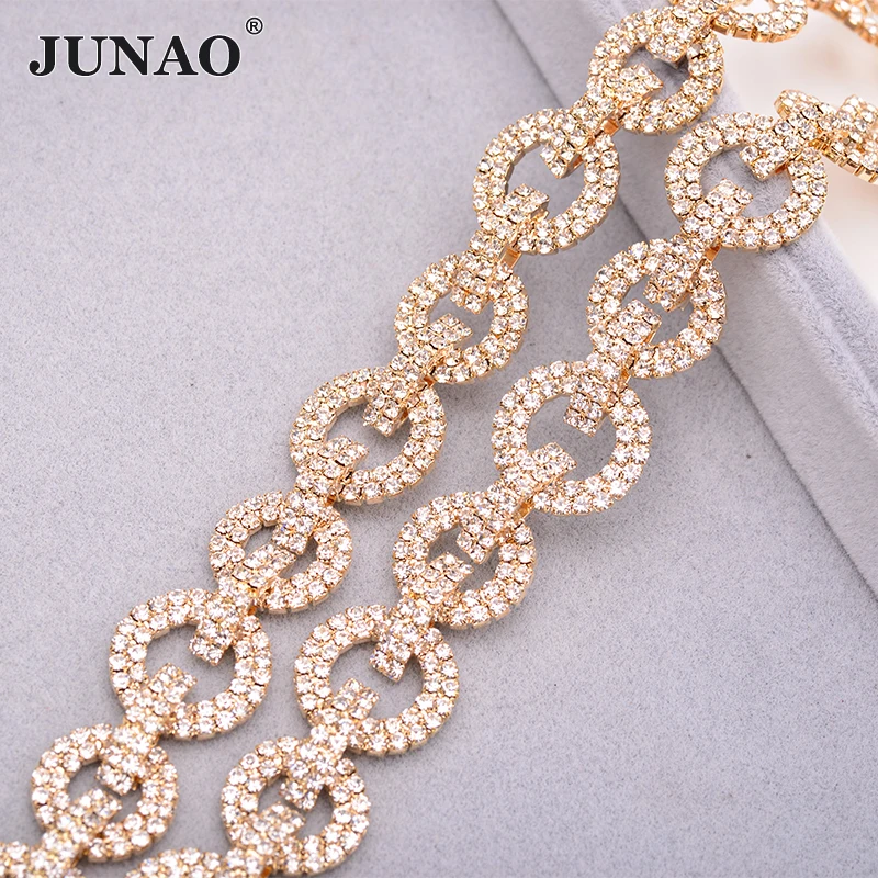 Gold JUNAO, 1 ярд, золотые, серебряные, стеклянные стразы, цепочка для шитья, металлическая отделка, кристаллы, камни, аппликация, плоская задняя сторона, стразы, лента, окантовка, рукоделие - Цвет: Gold